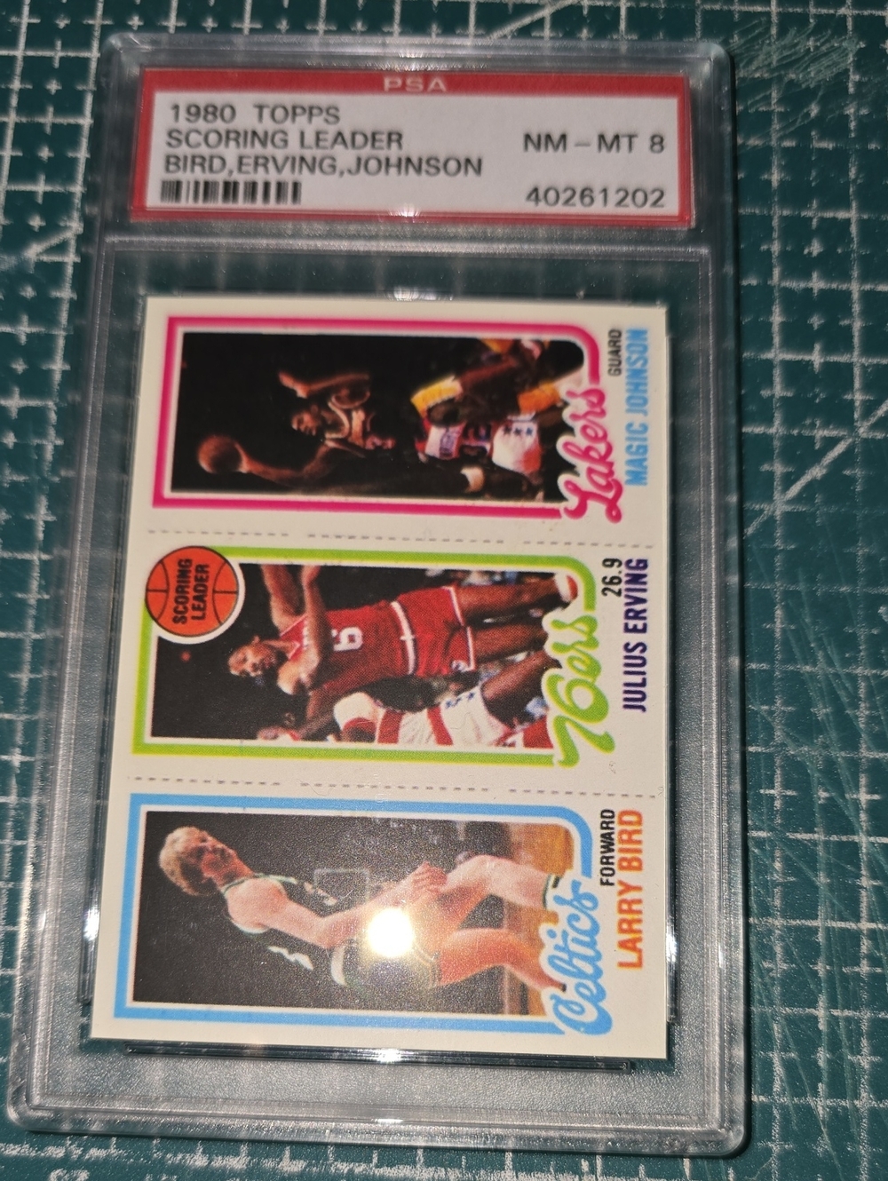 1980 Topps Basketball Trio (Bird, Erving, Johnson) "Scoring Leader PSA 8